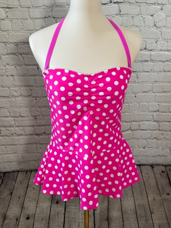 crown & ivy Other - Crown & Ivy Pink White Polka Dot Peplum Tankini Top Bandeau L NWOT